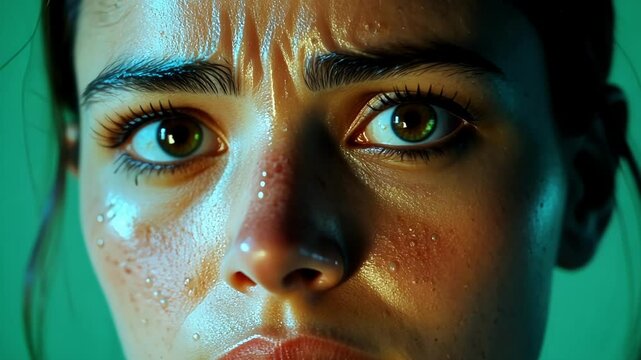 Close up of a sportswoman with sweat on her face looking upwards, expressing effort and determination. The background is green, ideal for chroma keying and visual effects