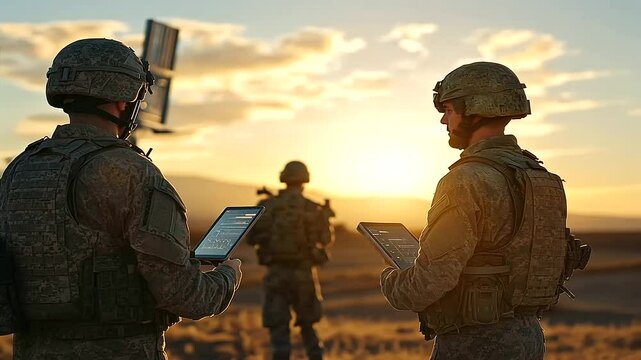 In a border outpost surrounded by forests, soldiers monitor real-time footage of border crossings on a tablet, while a Starlink antenna provides reliable satellite communications i