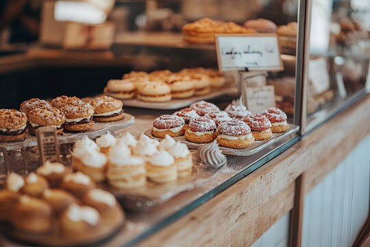 Bakery display with assorted French pastries and desserts in a cozy shop