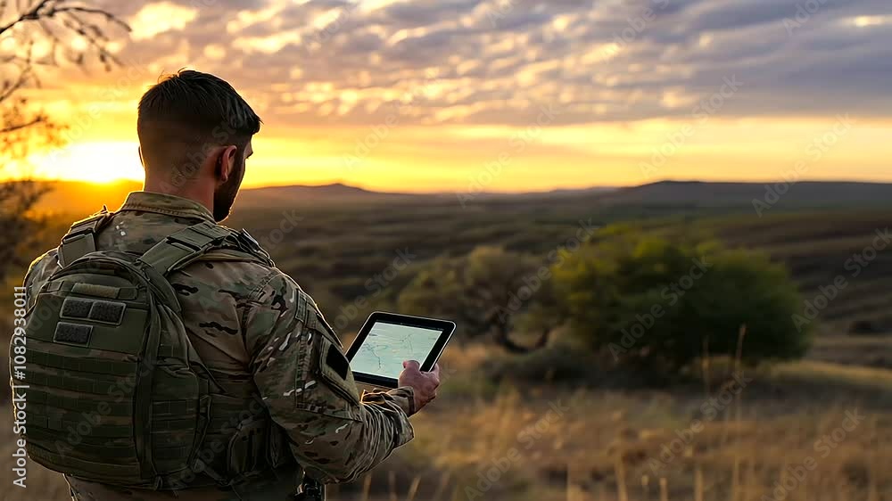 Poster as the sun sets behind a remote outpost, soldiers monitor border activity on a tablet with the starl