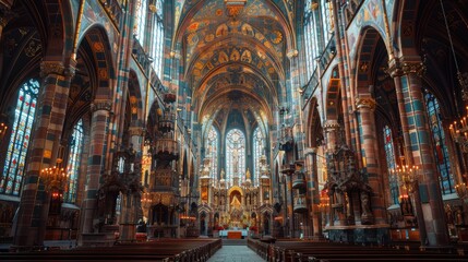 Obraz premium An awe-inspiring view of a grand, intricately designed historical cathedral interior with richly detailed stained glass windows and vaulted ceilings