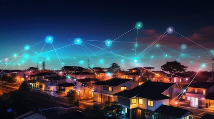 A futuristic neighborhood showcases modern houses connected by vivid digital networks, illuminating a vision of smart living at night.