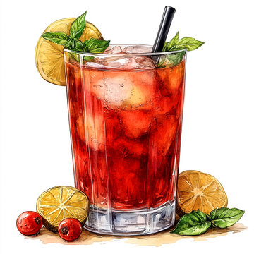 red cocktail drink with lemon and mint