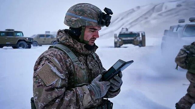 At a remote, snow-covered border outpost, troops rely on a tablet connected to a Starlink antenna, monitoring live border activity in the harsh winter conditions.