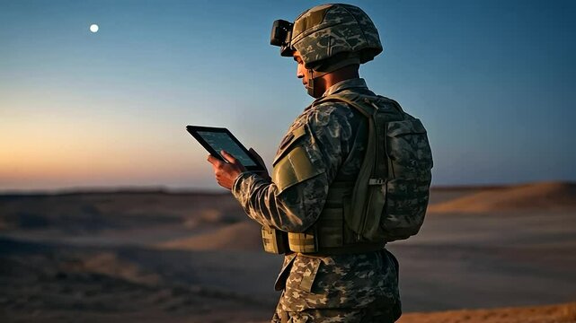 In a desert outpost, under the clear night sky, troops monitor border surveillance on a tablet while a Starlink antenna beams real-time data, showcasing seamless satellite communic