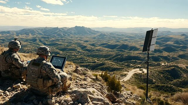 At a border outpost perched in a rocky landscape, soldiers monitor live surveillance on a tablet, while the Starlink antenna transmits vital satellite data from high above.