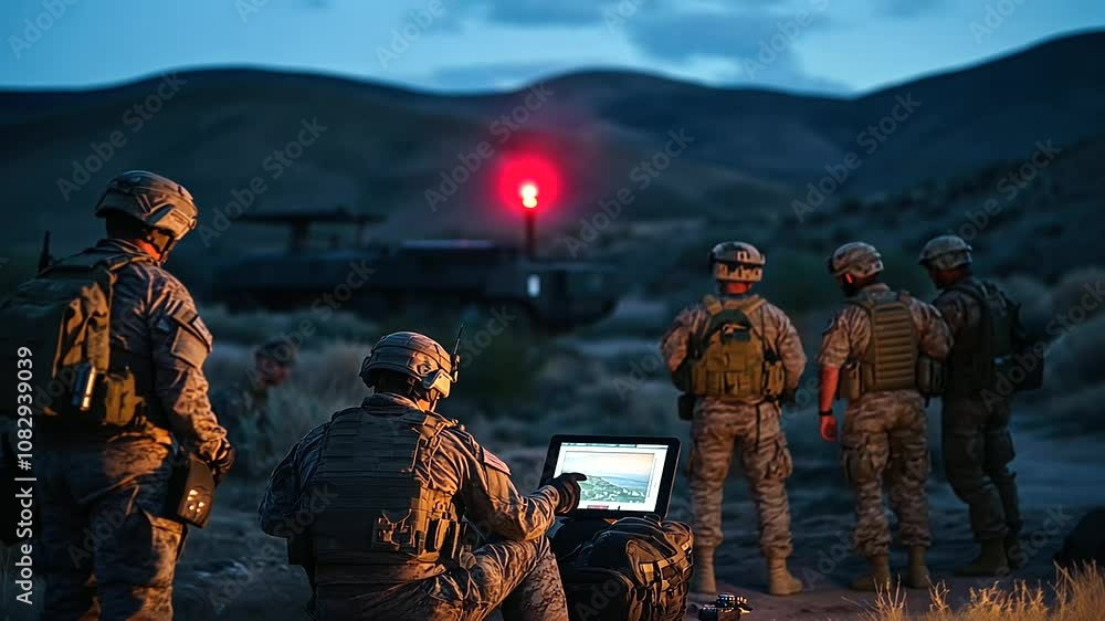 Poster in a remote desert outpost, troops huddle around a tablet displaying surveillance footage, with a st