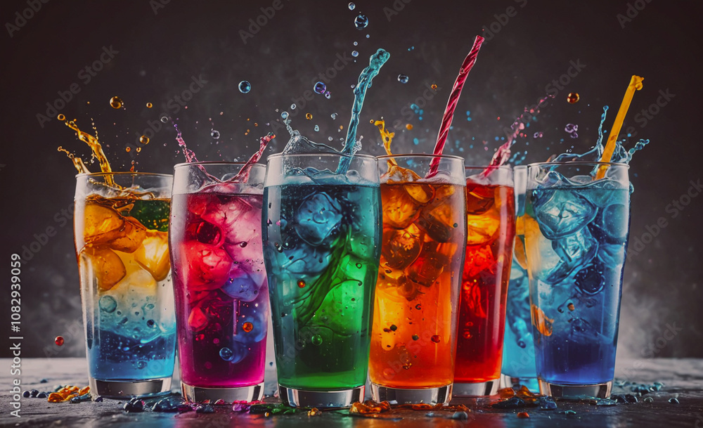Poster Row of colorful drinks with straws in them