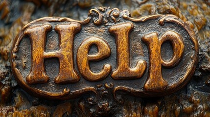 A finely crafted, rustic wooden sign bearing the word Help with intricate ornamental detailing, conveying a plea for assistance or support in a vintage style