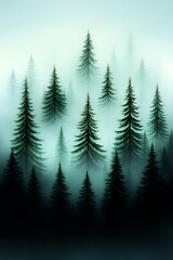 Fototapeta premium A misty forest with tall evergreen trees, creating a mysterious and serene atmosphere.