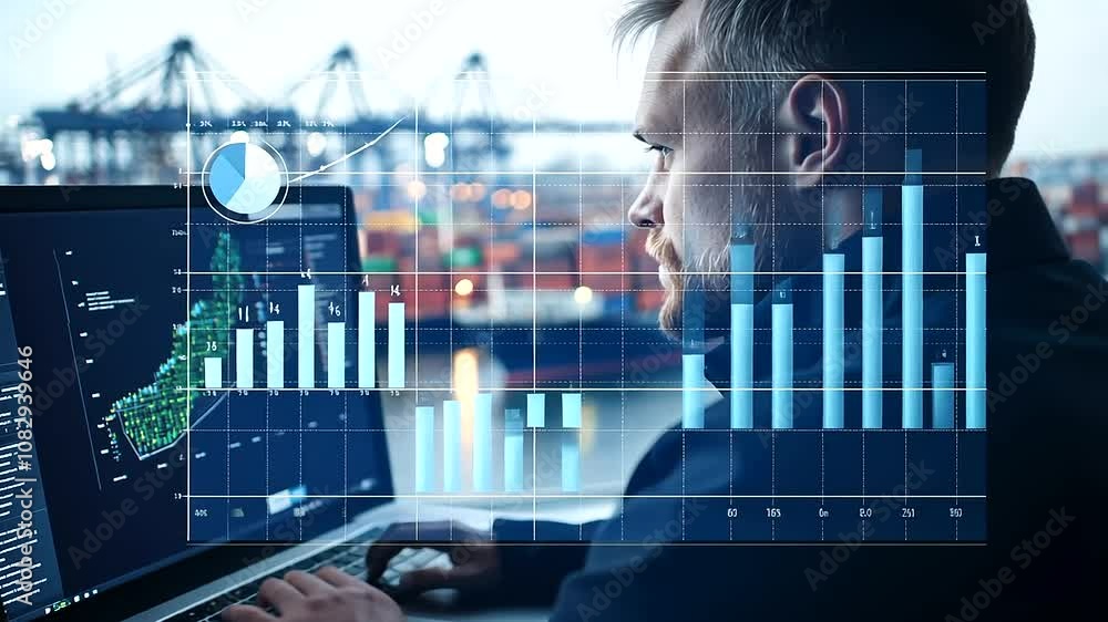 Poster close-up of an officer scrolling through shipping manifests and cargo metrics on a computer, with th