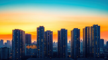 Fototapeta premium Tall buildings create striking outlines as the sun sets, casting beautiful colors across the evening sky and highlighting their architecture. Generative AI
