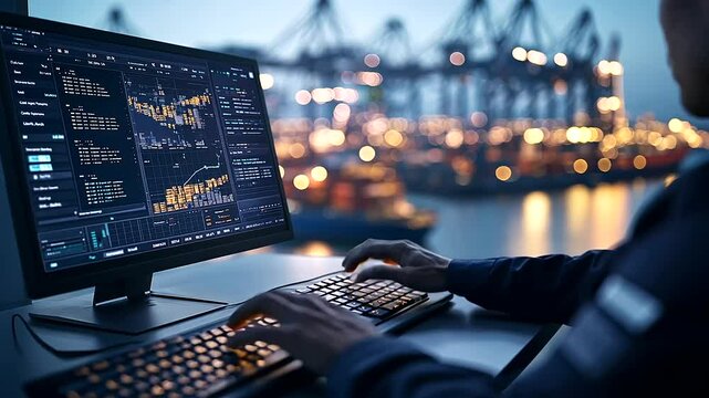 Close-up of an officer scrolling through shipping manifests and cargo metrics on a computer, with the busy port operations blurred in the background through the office window.