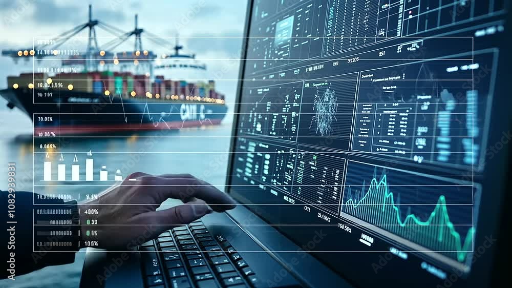 Poster close-up of a digital screen filled with cargo metrics, with the officer’s hand entering data as con