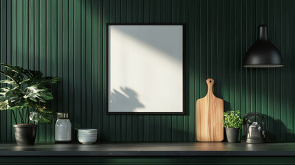 "Stock photo of a mock-up poster frame in a kitchen interior, featuring accessories and a dark green wooden slatted wall background."






