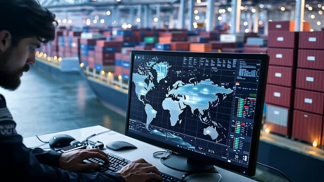 An officer leans forward, examining detailed cargo metrics on a sleek computer screen, with container ships docked just outside, symbolizing a real-time logistics check.