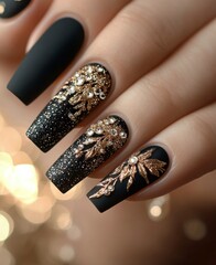 Elegant black and gold nail design with embellishments for special occasions