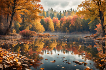 Autumn lake reflecting colorful fall foliage.