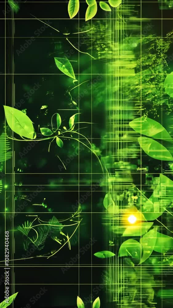 Poster green leaves are displayed on a black background with a grid pattern and a bright yellow light in th