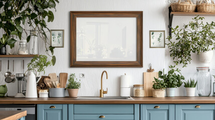 "Stock photo of a mock-up poster frame in a kitchen interior with a white wall background."







