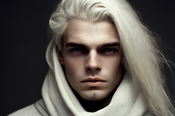 Close-up portrait of a handsome young man with blue gray eyes, and long white blond hair, wearing a white garment with hood - isolated, copy space, dark background