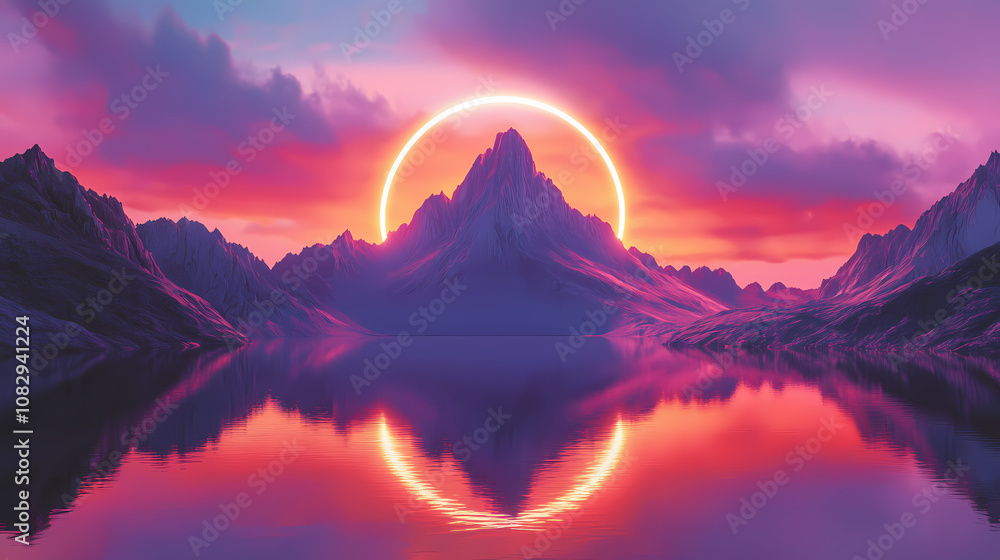 Wall mural Spectacular mountain with a glowing peak, surrounded by a circular ring of light, reflecting in a serene lake under a twilight sky. Mirage. Illustration