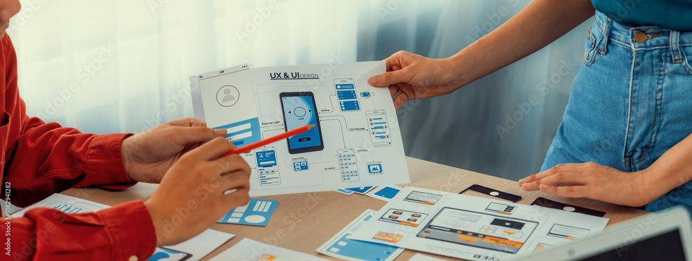 Poster panorama banner of startup ux developer or company employee design user interface or ui prototype fo
