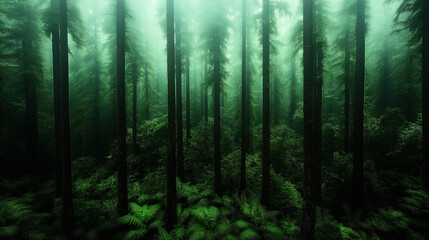 Obraz premium Dense foggy forest with tall trees and abundant green foliage creating a serene and mysterious atmosphere.