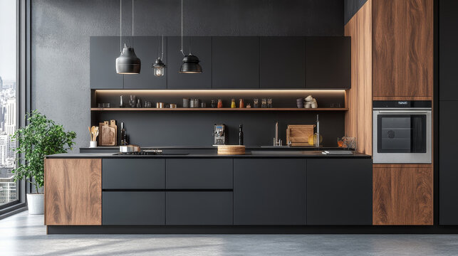 "Stock photo of a mockup poster frame in a kitchen interior with a grey wallpaper background. The scene is designed to showcase the frame within a modern kitchen setting."

