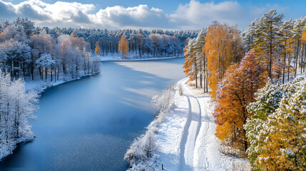 Aerial view of a tranquil winter landscape featuring a snow-covered lake surrounded by colorful trees.