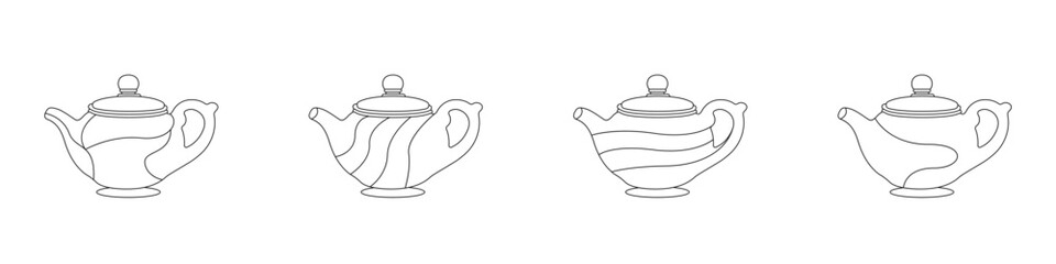 Linear teapot vector icon set. Outline of a classic Japanese teapot set. Ceramic teapot vector collection. Icon of a teapot for herbs. Tea party logo vector. Tea style vector.