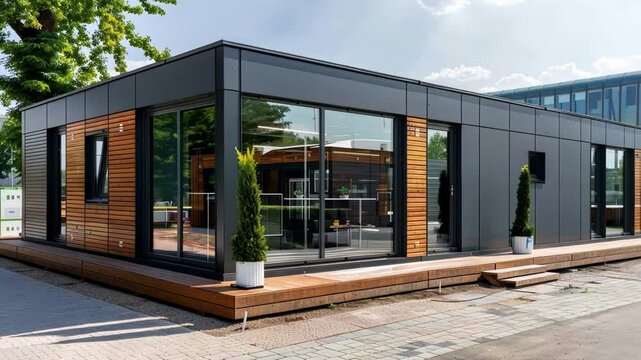 A finished modular building with neatly aligned preconstructed modules forming a modern and functional structure.