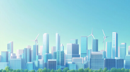 A bright city with many skyscrapers and wind turbines on a sunny morning