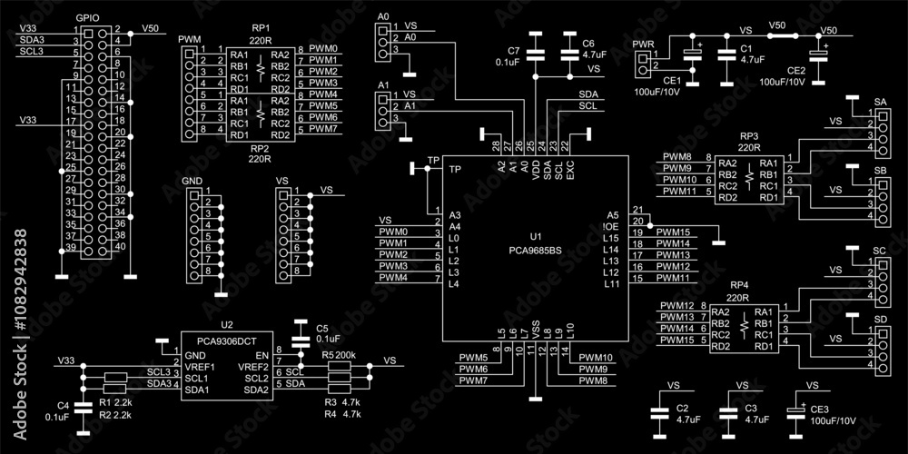 Poster schematic diagram of electronic device on sheet of paper. vector drawing electrical circuit with con
