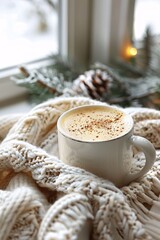A warm cup of coffee sits on a cozy knitted blanket near a window, with snow gently covering the outside landscape and pine accents adding to the winter ambiance