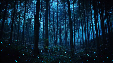 Fototapeta premium Bioluminescent Forest Night: Magical Firefly Glow, Dark Trees, Mystical Atmosphere