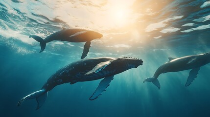 Naklejka premium Group giant humpback whales swimming ocean photos