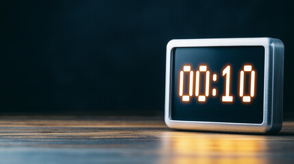 Digital countdown timer showing ten seconds on a wooden surface against a dark background
