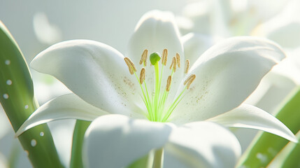 Obraz premium White Lily Flower Bloom, Closeup, Macro, 3D Render, Botanical