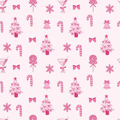 Festive Pink Christmas Pattern With Candy Canes and Trees