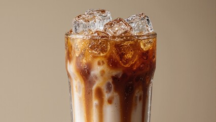 Refreshing iced coffee with milk in a tall glass swirling layers ice cubes and condensation