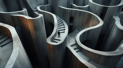 Abstract architectural maze with winding staircases and towering curved walls, featuring a solitary figure standing on one of the stairways in a surreal and mysterious environment