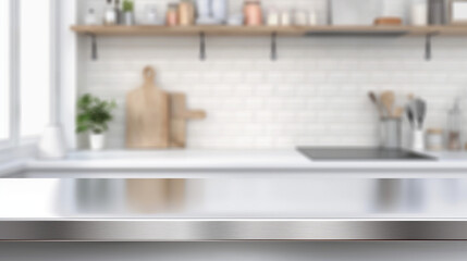 White background with a horizontal stainless steel countertop