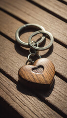 Handcrafted wooden heart keychain with metal rings on wooden surface for sentimental gifts