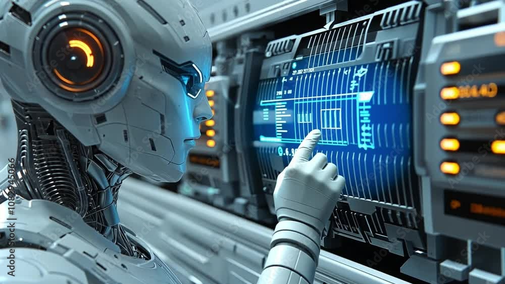 Poster a futuristic robot interacting with advanced technology in a high-tech environment
