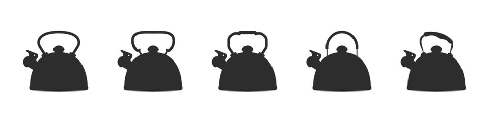 Black teapots set. A collection of teapot outlines. Brewers vector. Ceramic teapots. Metal teapots. Tea party logo. Style of tea ceremonies.