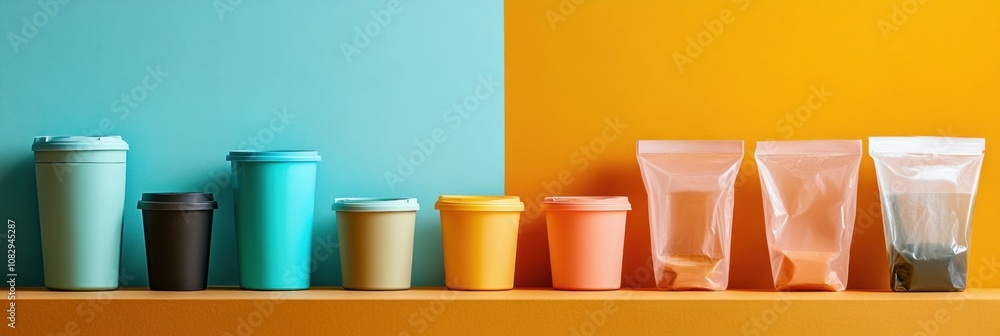 Poster A display of reusable containers lined up against a colorful backdrop of single-use plastic bags and cups, highlighting eco-friendly choices. Generative AI