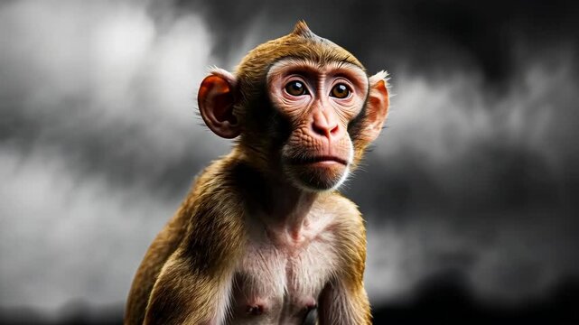 A baby monkey is sitting on a ledge with its head tilted to the side. The image has a moody and mysterious feel to it, as the monkey is the only visible subject and the background is dark and cloudy