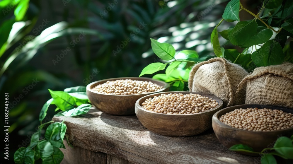 Poster bowls and sacks are filled with various lentils, beans, and chickpeas on a rustic wooden table, comp