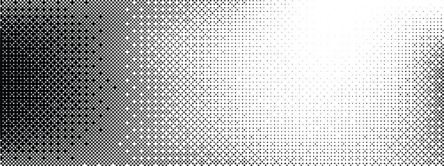 Pixel dithering gradient. Bitmap texture background. Black and white random pixels pattern. Retro glitchy vector art illustration. Monochromatic dissolve effect. 8 bit video game screen wallpaper. © YEVHENIIA